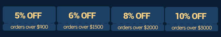 Promotional banner showing discount offers: 5% off for orders over $900, 6% off for $1500, 8% off for $2000, and 10% off for $3000.