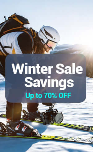 Skier on snowy slope promoting winter sale with savings up to 70% off.