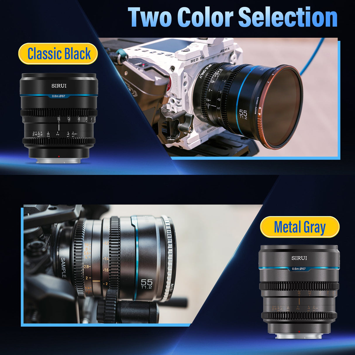 SIRUI Night Walker T1.2 S35 Frame Cine Lens Series in Classic Black and Metal Gray color options.