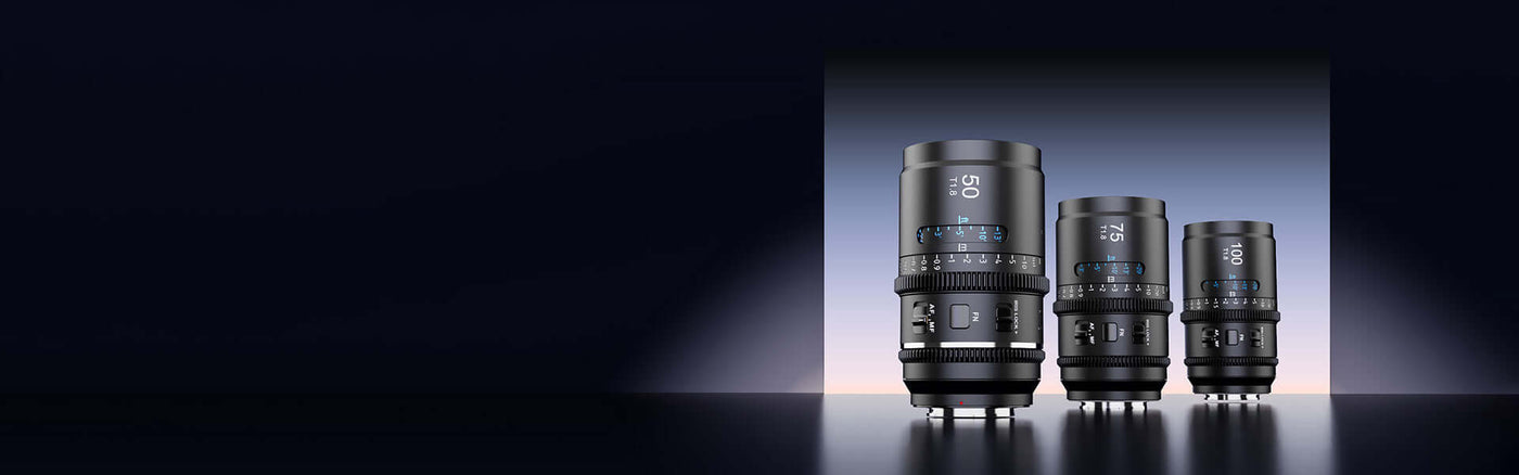 Three camera lenses displayed against a dark background, showcasing their sleek design and features.