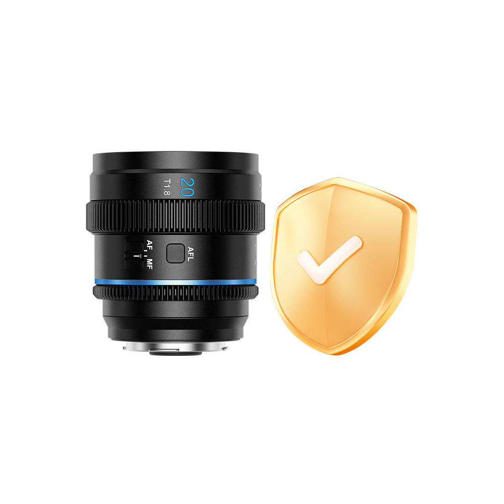 Sirui Care For 20mm T1.8 1.33X S35 Anamorphic Lens with accident protection icon.