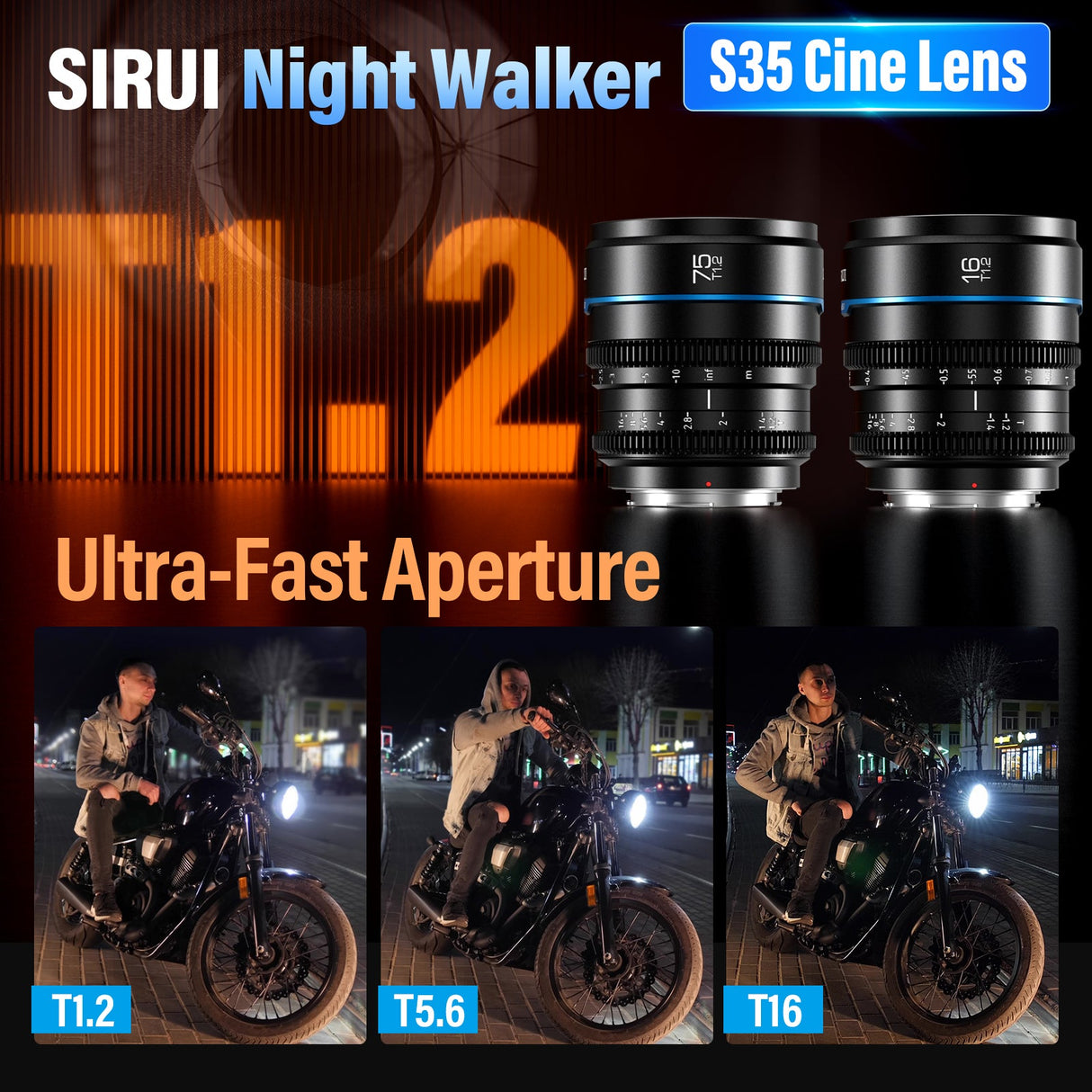 SIRUI Night Walker T1.2 S35 Frame Cine Lens Series showcasing T1.2, T5.6, and T16 with ultra-fast aperture features.