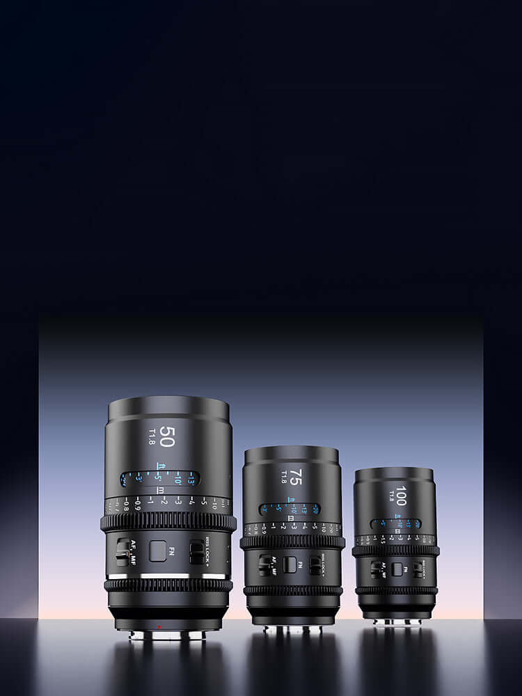 Three professional camera lenses displayed on a gradient background, showcasing their sizes and features.