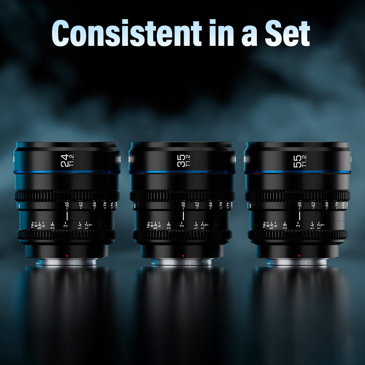 SIRUI Night Walker T1.2 S35 Frame Cine Lens Series displayed in a set with three lenses.