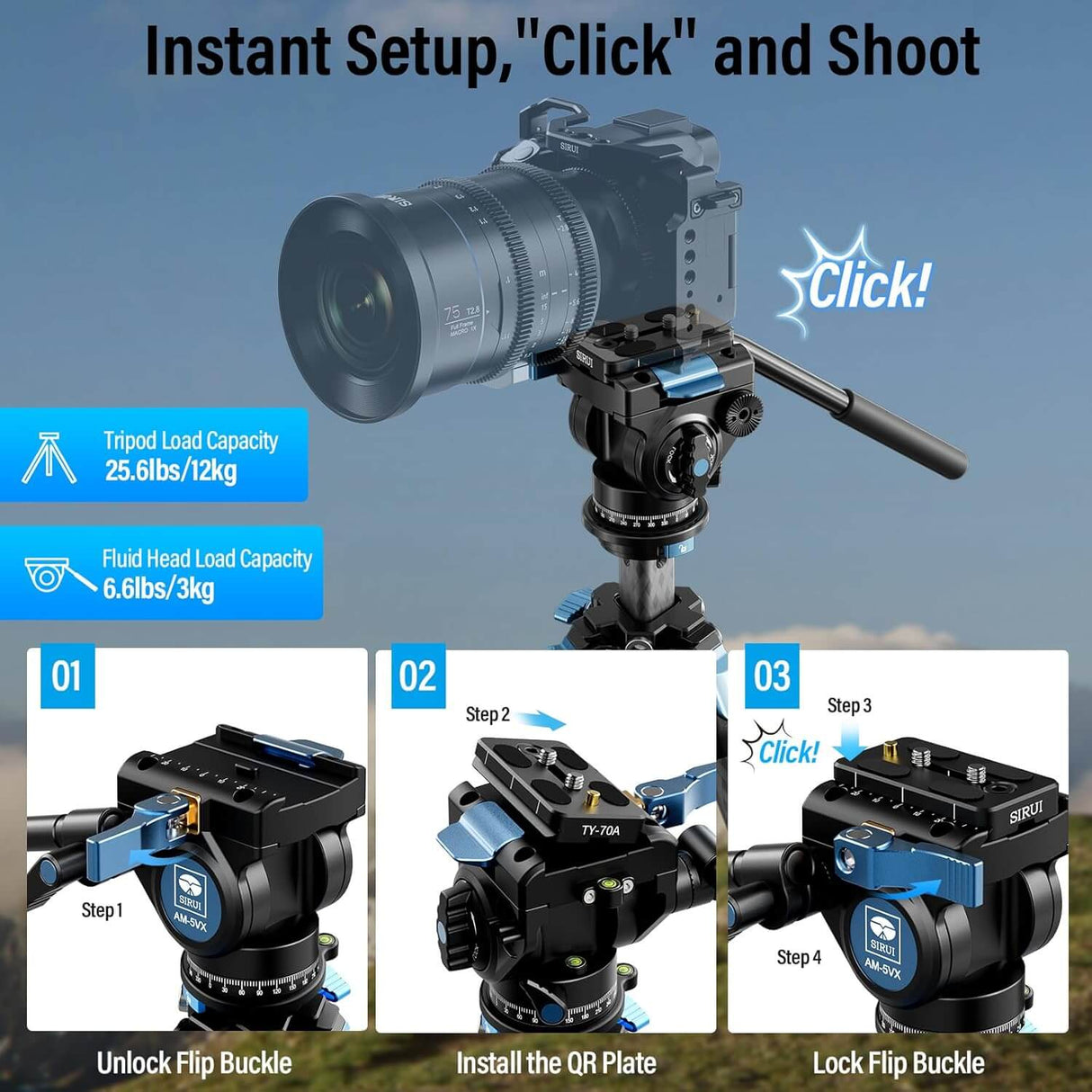 SIRUI AM-124 Carbon Fiber Tripod with AM-5VX Fluid Head 2