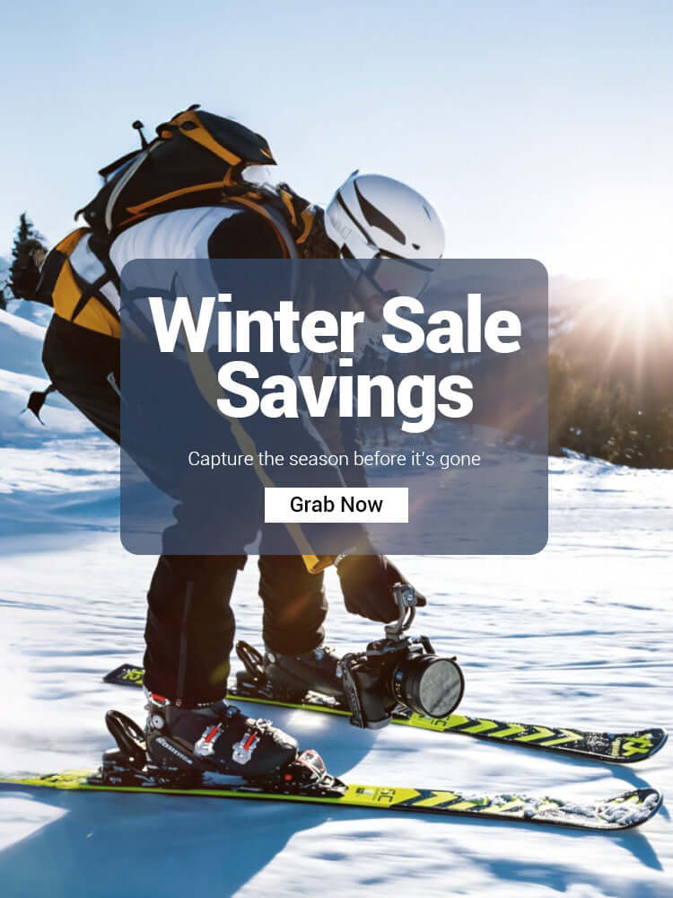 Skier preparing for winter, promoting seasonal savings with a 'Grab Now' call to action.