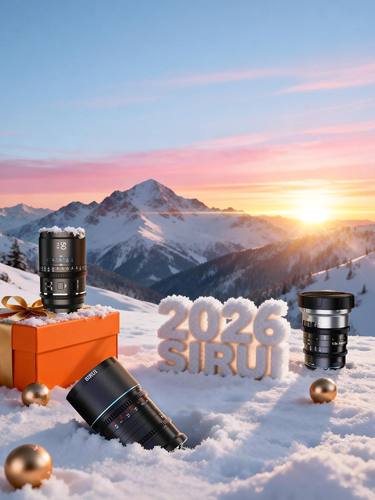 Scenic winter landscape with camera lenses, a gift box, and '2026 SIRUI' amid snow and mountains at sunset.