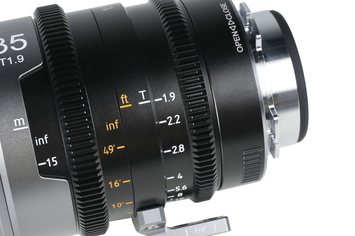SIRUI 1.5x T1.9 IronStar Series Anamorphic Full Frame Cine Lens detailed view showcasing focus and aperture markings.