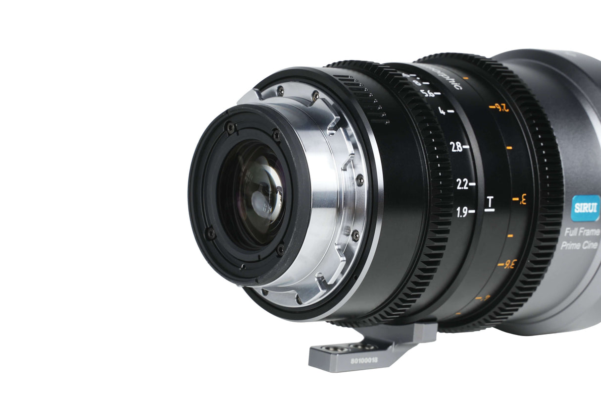 SIRUI 1.5x T1.9 IronStar Series Anamorphic Full Frame Cine Lens close-up view capturing lens details.