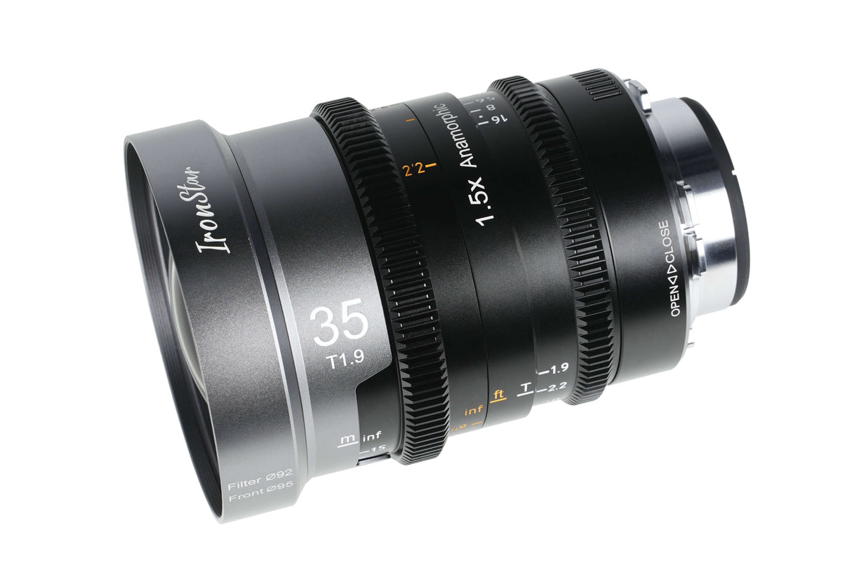 SIRUI 1.5x T1.9 IronStar Series Anamorphic Full Frame Cine Lens side view showcasing its design and specifications.