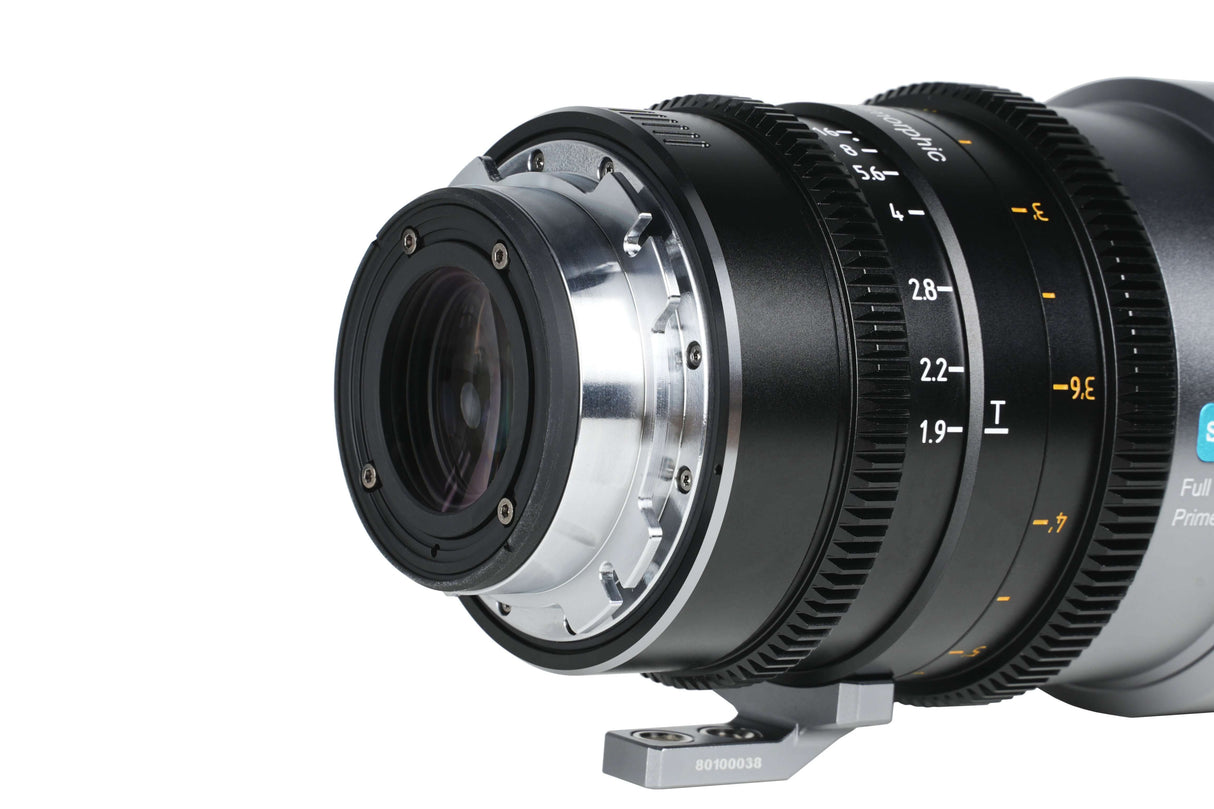 SIRUI 1.5x T1.9 IronStar Series Anamorphic Full Frame Cine Lens close-up showing lens mount and focus rings.