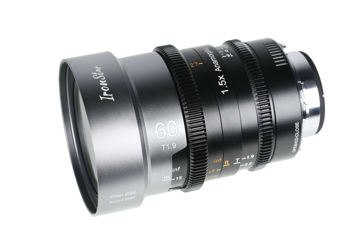 SIRUI 1.5x T1.9 IronStar Series Anamorphic Full Frame Cine Lens showcasing its design and features.