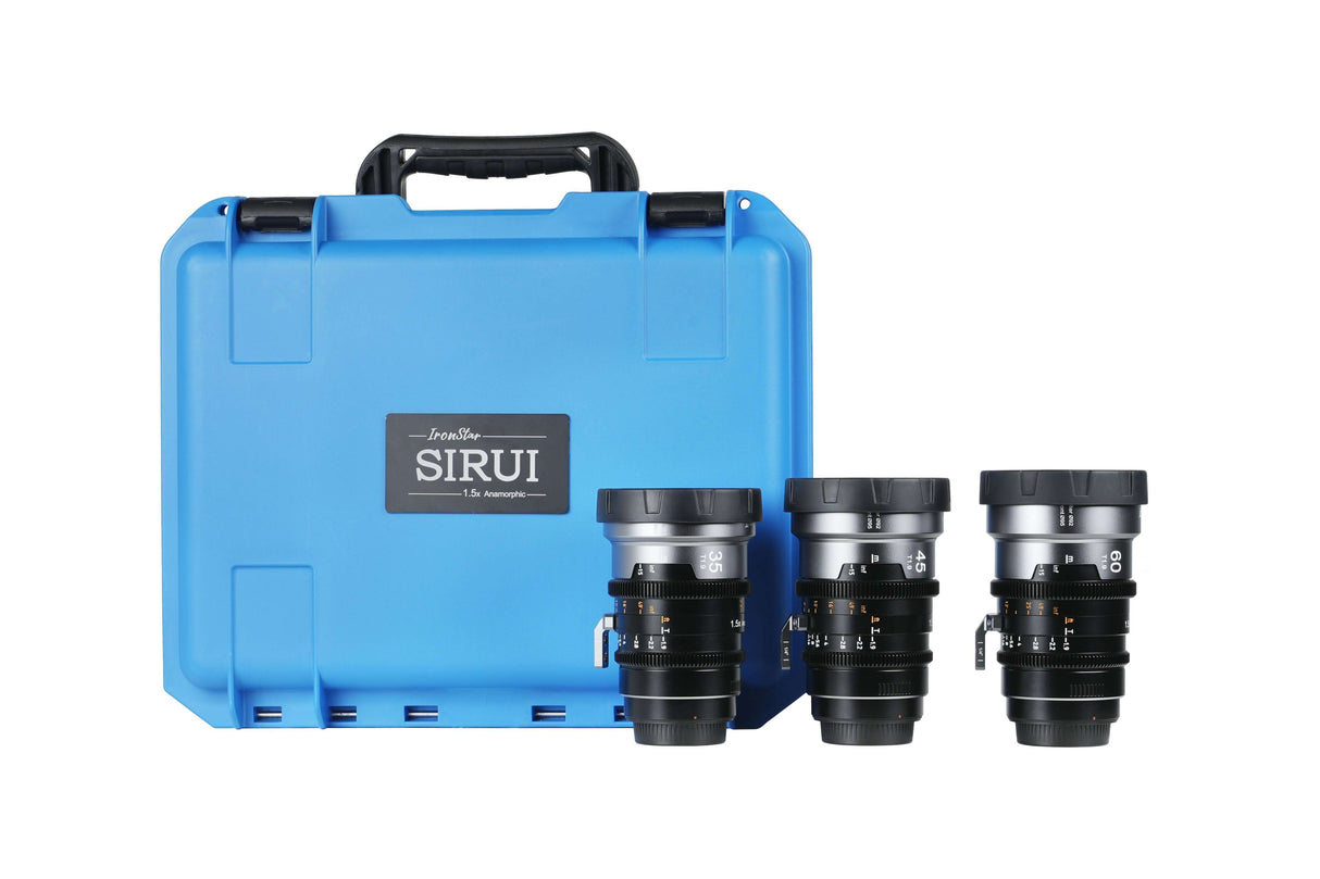 SIRUI 1.5x T1.9 IronStar Series Anamorphic Full Frame Cine Lens set with blue carrying case.
