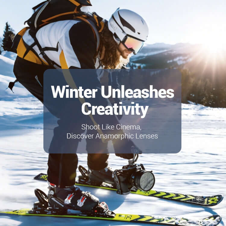 Skier capturing winter scenery with camera, promoting creative filming with anamorphic lenses.