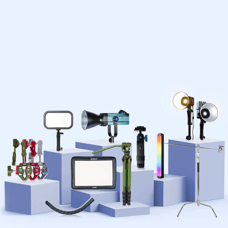 Various photography lighting and accessory equipment arranged on pedestals, ideal for creative projects.