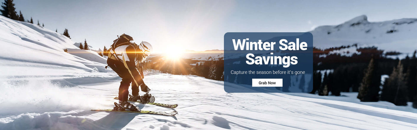 Person skiing on snow with sunlight in background promoting winter sale savings.