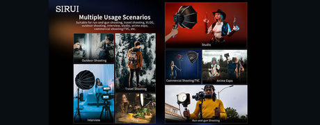 Collage of SIRUI lighting equipment usage in various scenarios: studio, outdoor, travel, commercial, anime expo, and interactive shooting.