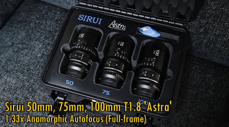SIRUI Astra 50mm, 75mm, and 100mm T1.8 lenses in the carry case