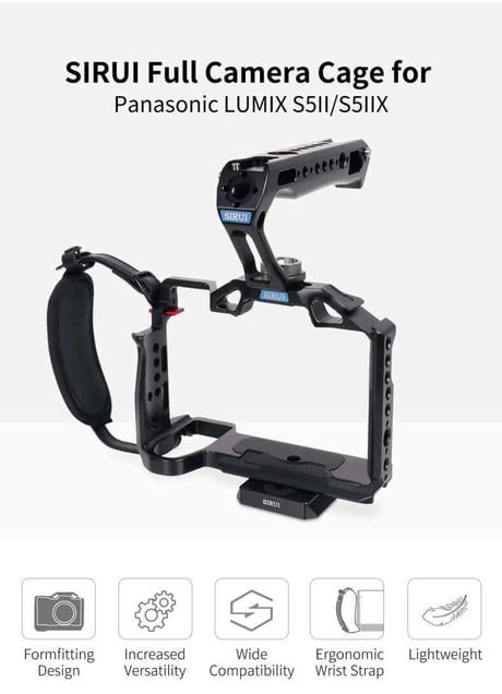 SIRUI Full Camera Cage for Panasonic LUMIX S5II/S5IIX displaying ergonomic design and lightweight construction.