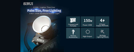 SIRUI 150W handheld pocket light showcasing compact design and multiple lighting effects for photography.