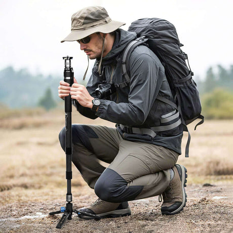 Outdoor photographer adjusting a monopod on a hiking trip, wearing gear and surrounded by nature.