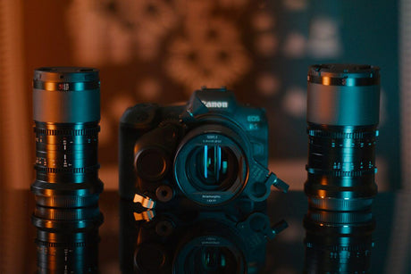 Mastering Rule of Thirds Photography Basics for Content Creation with a Canon camera and lenses on a reflective surface.