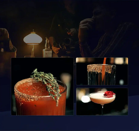 A collection of three cocktails in a dimly lit bar setting, showcasing vibrant colors and garnishes.