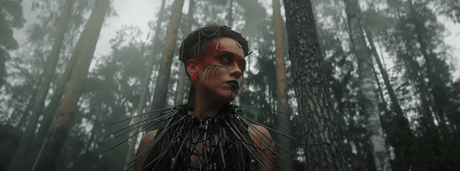 Person in a mystical forest, wearing dramatic makeup and an artistic neckpiece, surrounded by tall trees and mist.