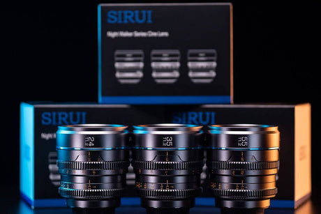 Three SIRUI camera lenses displayed in front of their packaging, showcasing professional video lens quality.