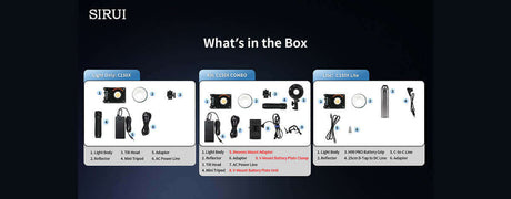 Image showing product contents for Sirui lighting equipment, detailing items included in each model's package.