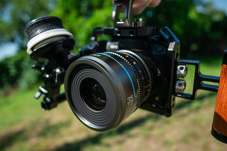 Close-up of a budget cine lens mounted on a camera rig, ideal for indie filmmakers in 2025.