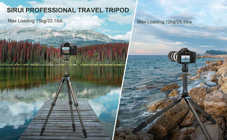 Sirui professional travel tripod featured in scenic outdoor locations, showcasing max load capacities.