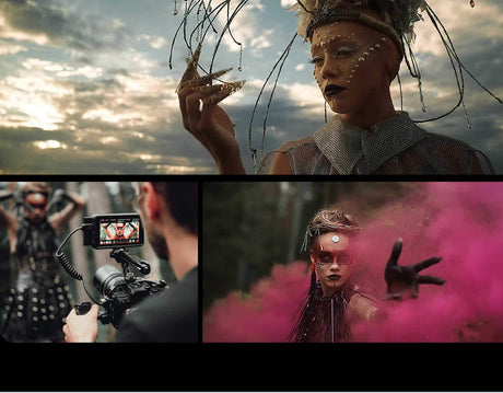 Collage of video shoot: artistic model holding an object, filmmaker capturing the scene, and a model with pink smoke.