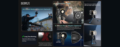 SIRUI product features: compact design, optional battery, mini tripod, and Bowens mount adapter for versatile photography.