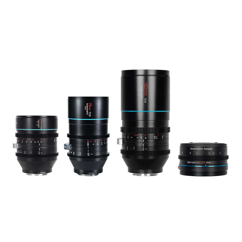 SIRUI Venus Full-Frame Anamorphic Lens Set featuring 35mm, 50mm, 75mm, 100mm, 135mm lenses and adapter.