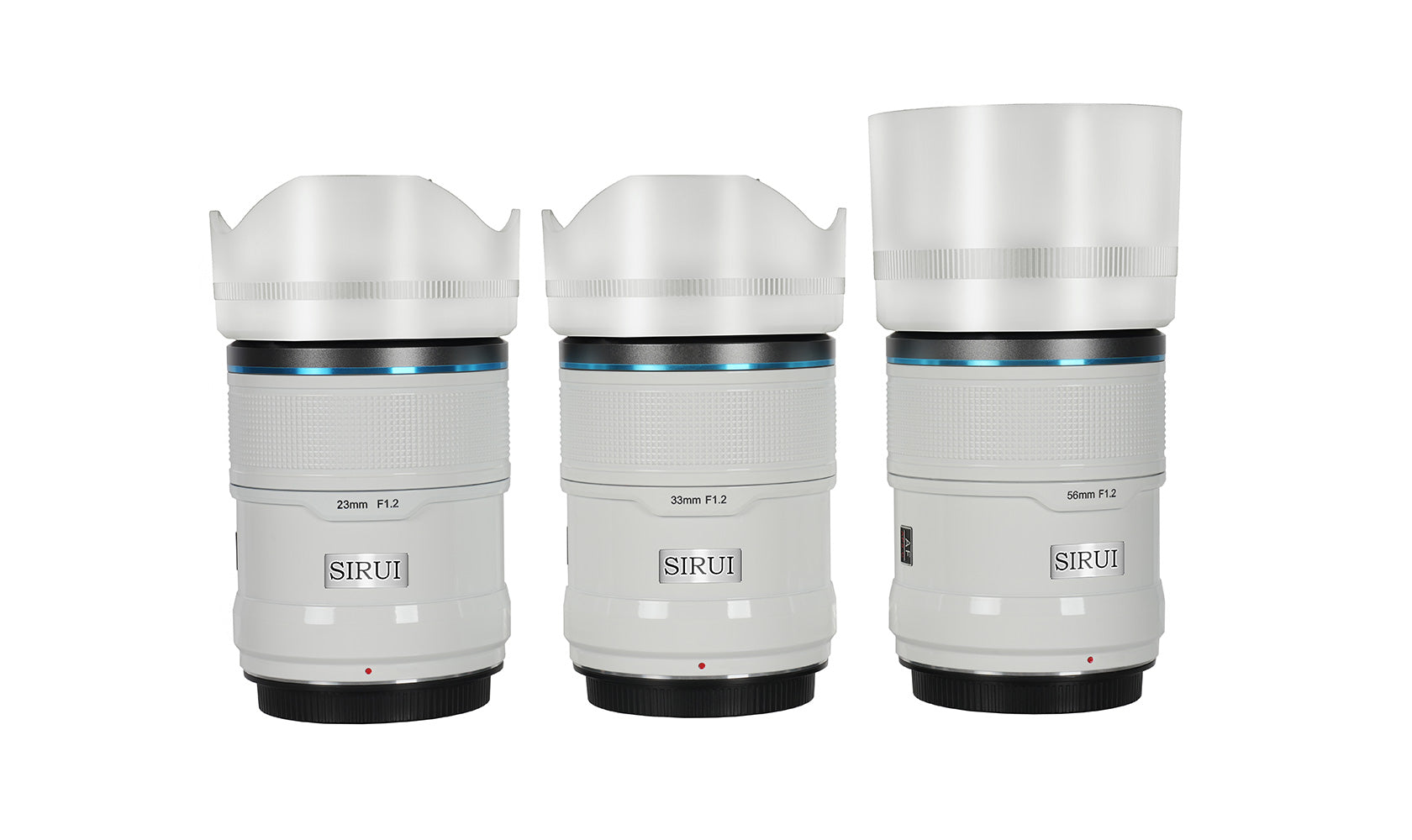 f1.2 sirui sniper lens, aps-c frame autofocus lens 3 set in white with detach lens hoods.