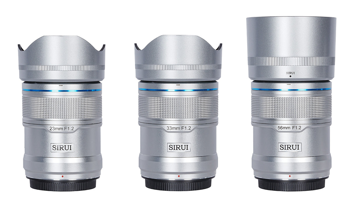 f1.2 sirui sniper lens, aps-c frame autofocus lens 3 set in silver with detach lens hoods.