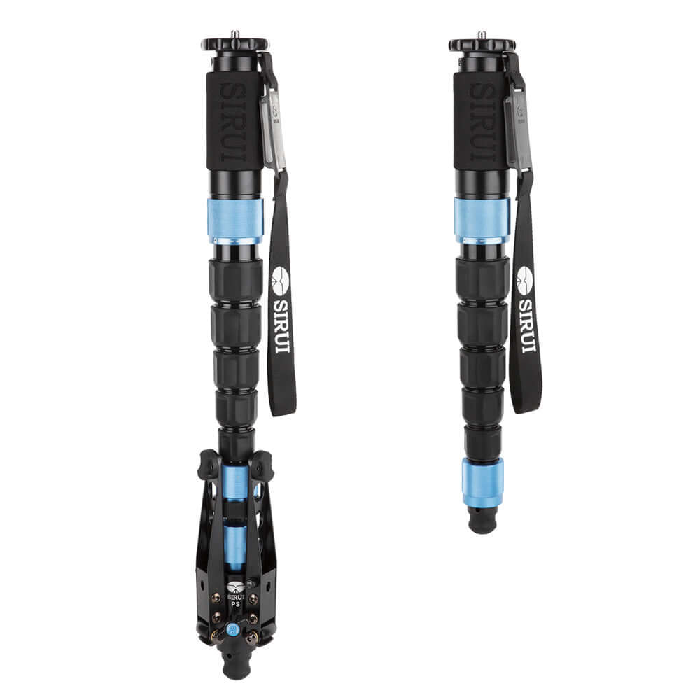 SIRUI P-426SR Multifunction Carbon Monopod with Support Base - PSR Series shown from two angles with blue accents.