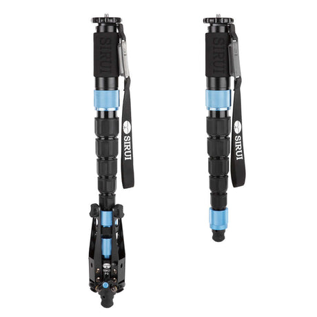 SIRUI P-426SR Multifunction Carbon Monopod with Support Base - PSR Series shown from two angles with blue accents.