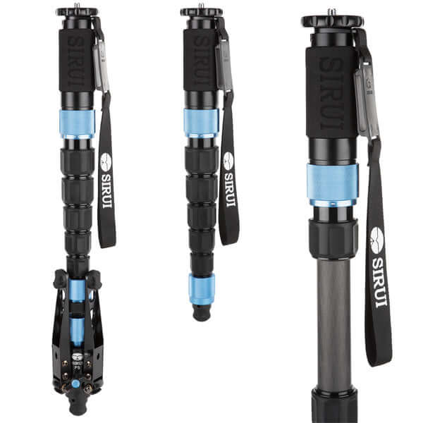 SIRUI P-426SR Multifunction Carbon Monopod with Support Base - PSR Series, showcasing 6-section design and blue accents.