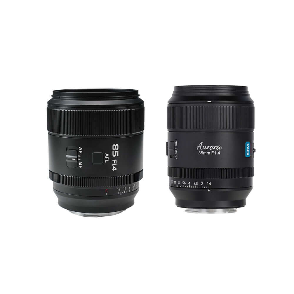 SIRUI AURORA Series 35mm F1.4 Full-frame Autofocus Lens next to another lens for comparison.