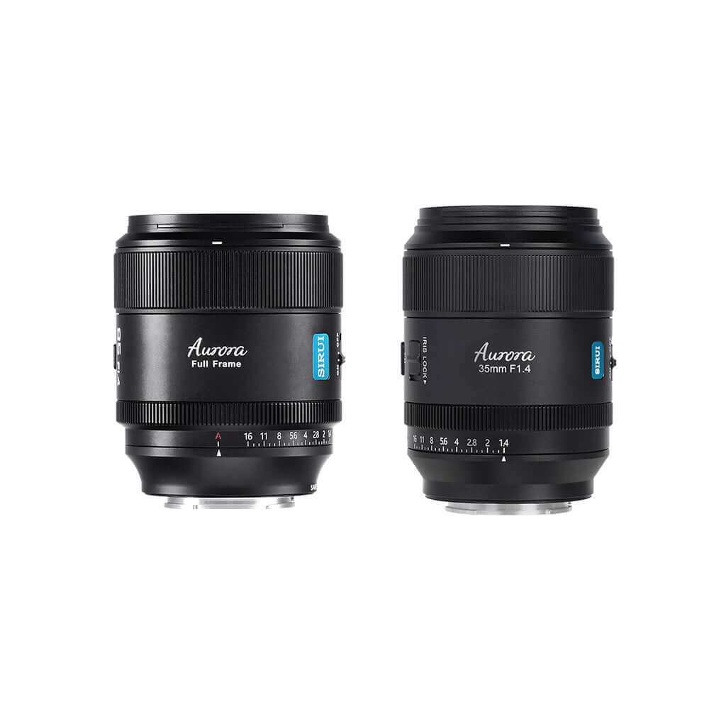 SIRUI AURORA Series 85mm F1.4 Full-frame Autofocus Lens and 35mm F1.4 lens side by side on white background.