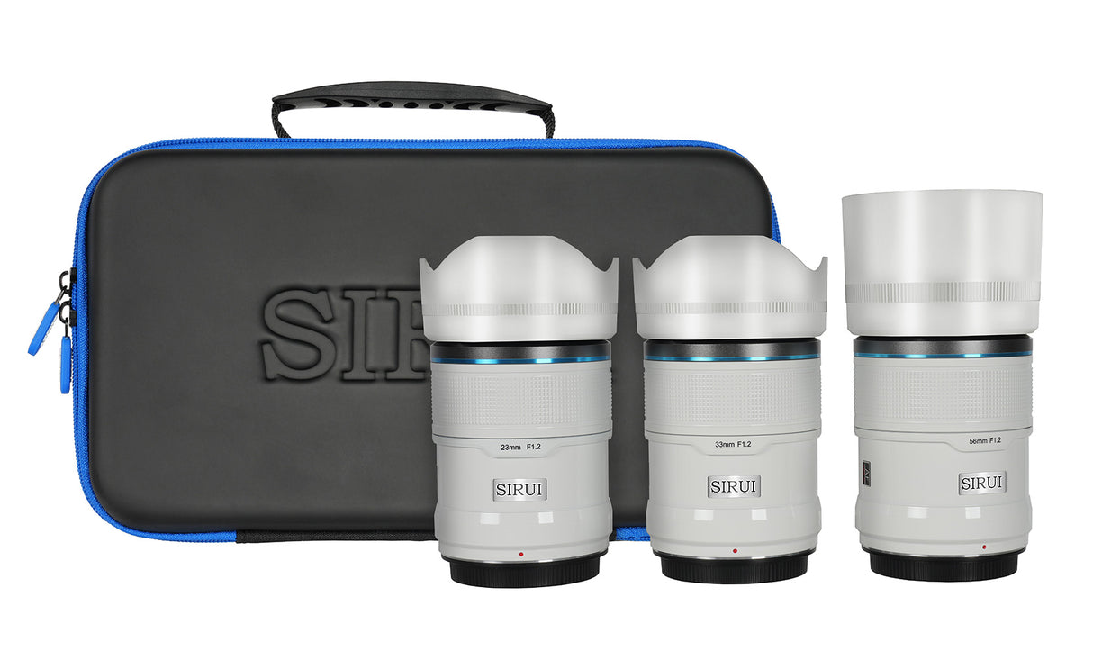 f1.2 sirui sniper lens, APS-C Frame AF Lens, white 3-Piece Lens Kit with 23mm, 33mm, 56mm Lenses and Lens Case, Lens Hood and Warranty Card