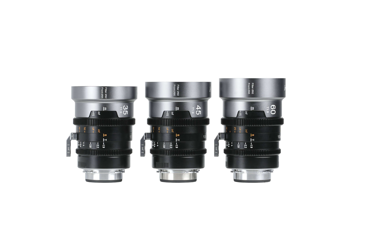 SIRUI 1.5x T1.9 IronStar Series Anamorphic Full Frame Cine Lens set of three focal lengths 35mm, 45mm, and 60mm.