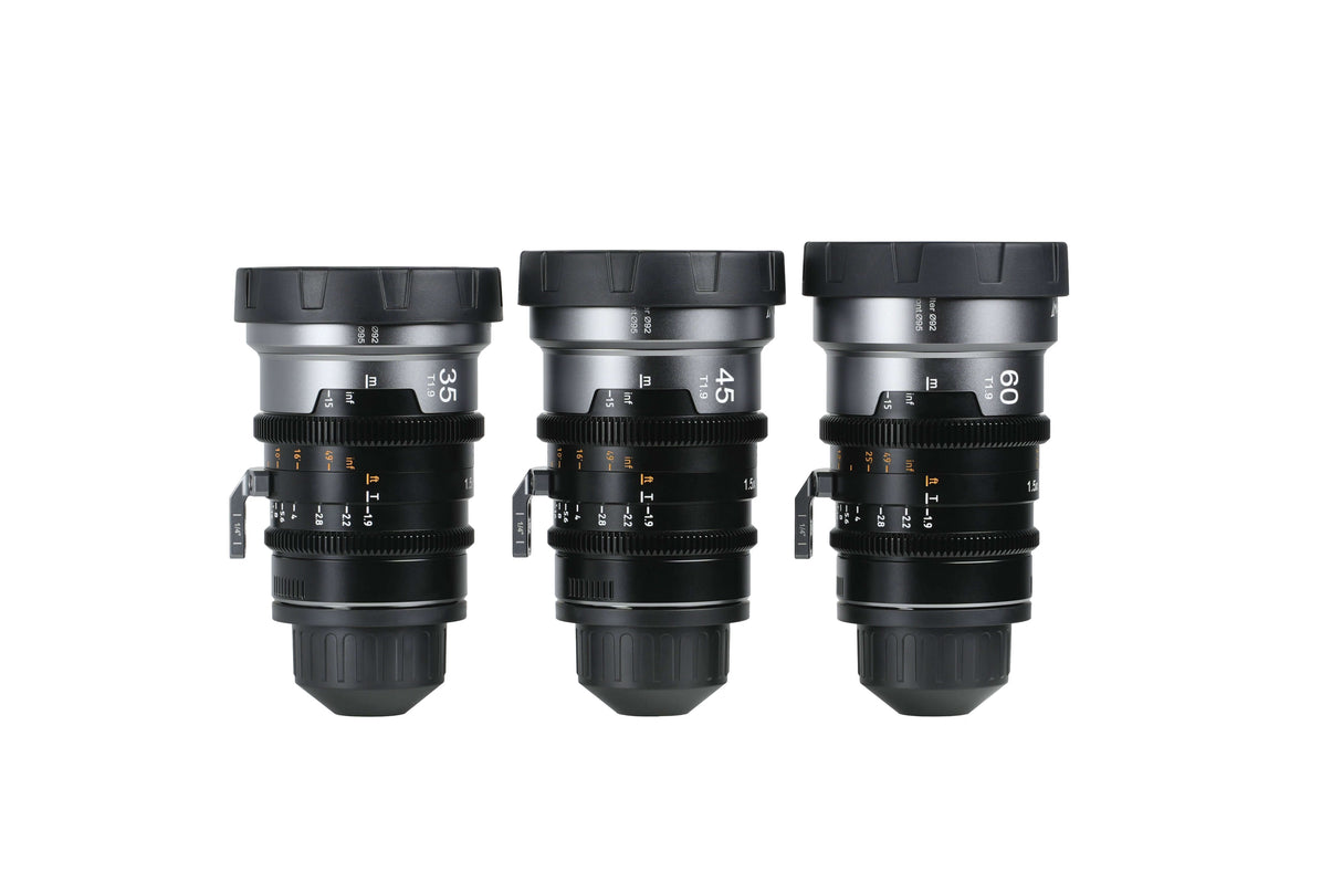 SIRUI 1.5x T1.9 IronStar Series Anamorphic Full Frame Cine Lens set showcasing three focal lengths.