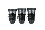 SIRUI 1.5x T1.9 IronStar Series Anamorphic Full Frame Cine Lens set showcasing three focal lengths.