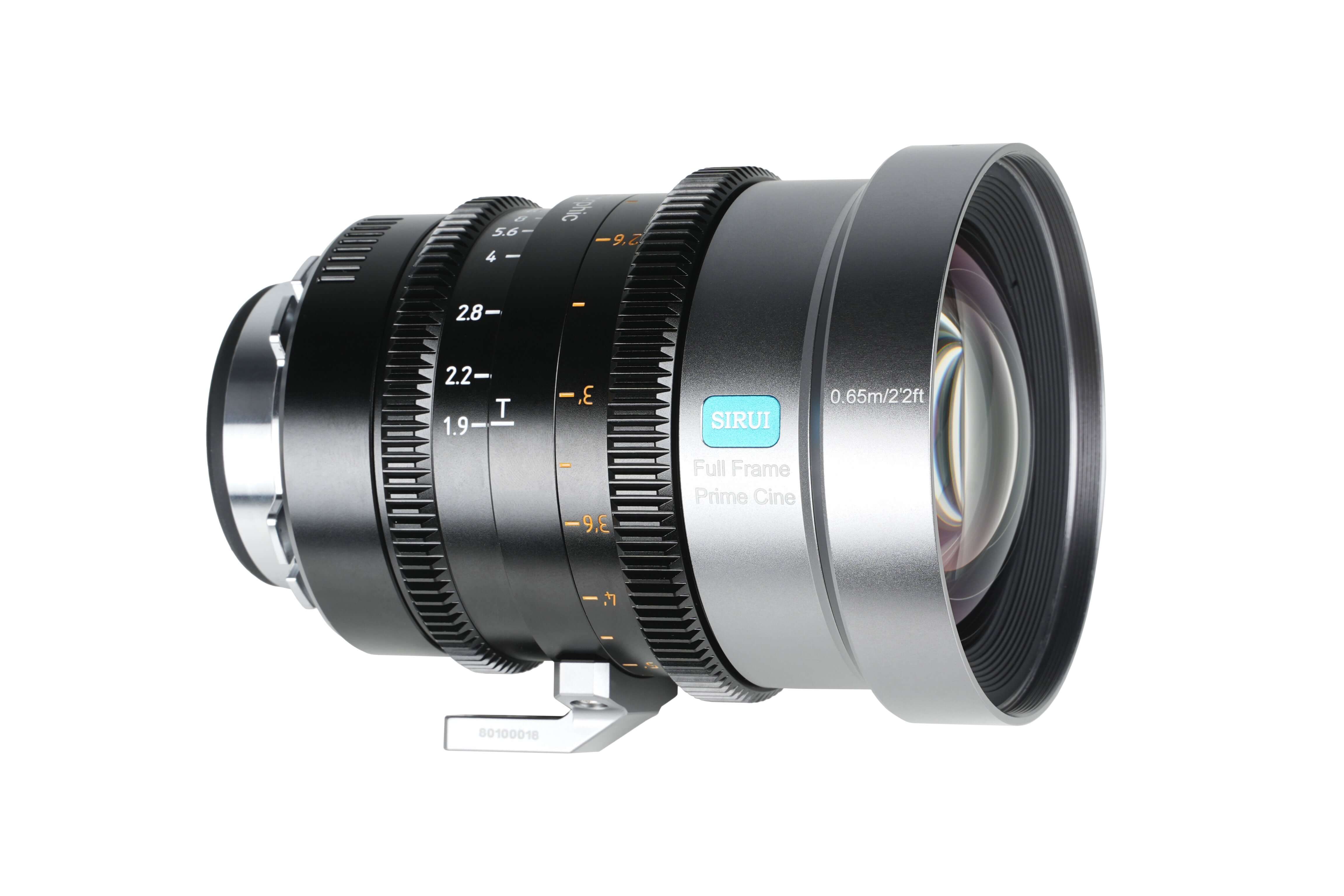 SIRUI 1.5x T1.9 IronStar Series Anamorphic Full Frame Cine Lens side view showing focus and aperture settings.