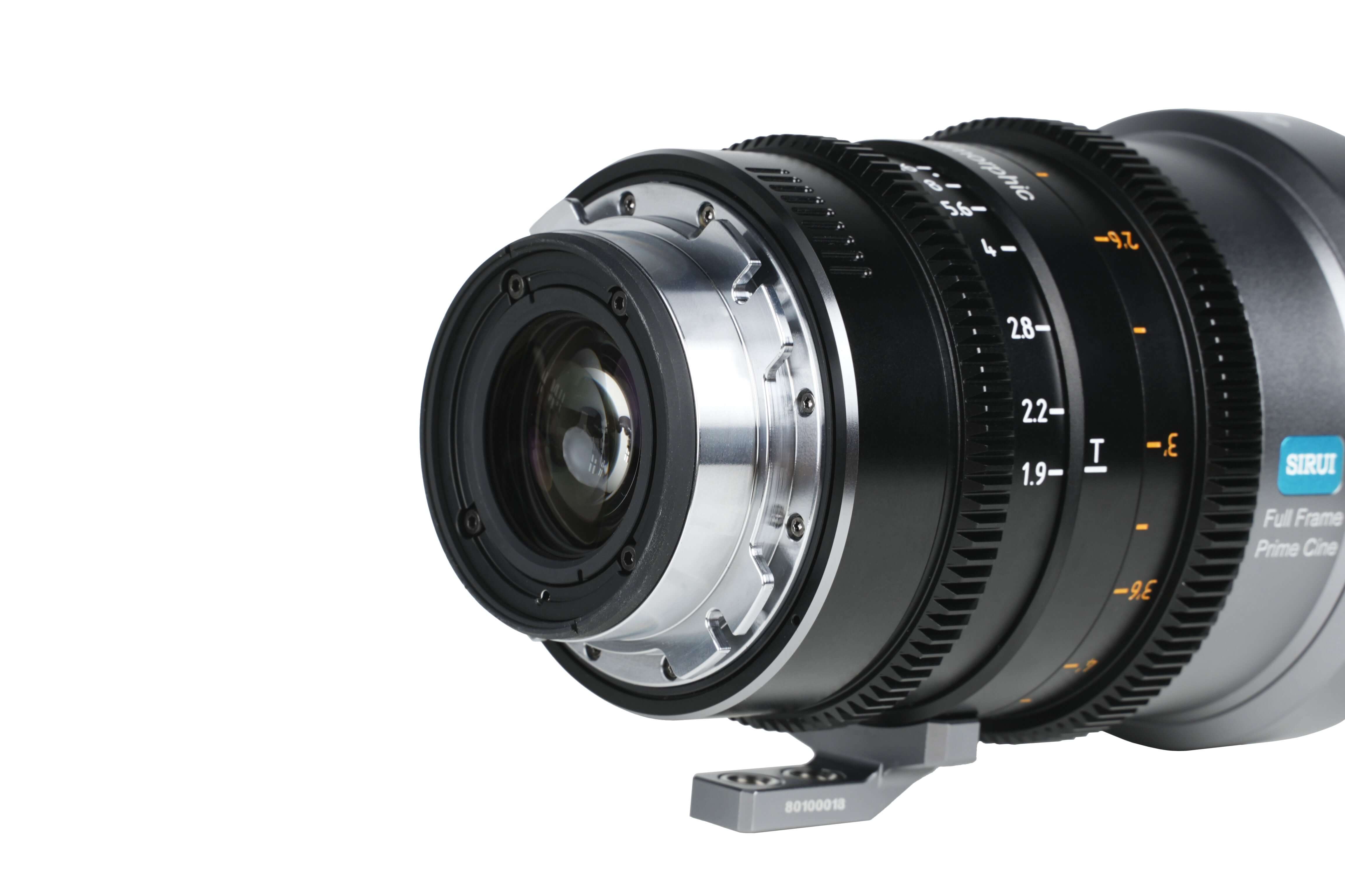 SIRUI 1.5x T1.9 IronStar Series Anamorphic Full Frame Cine Lens close-up view capturing lens details.