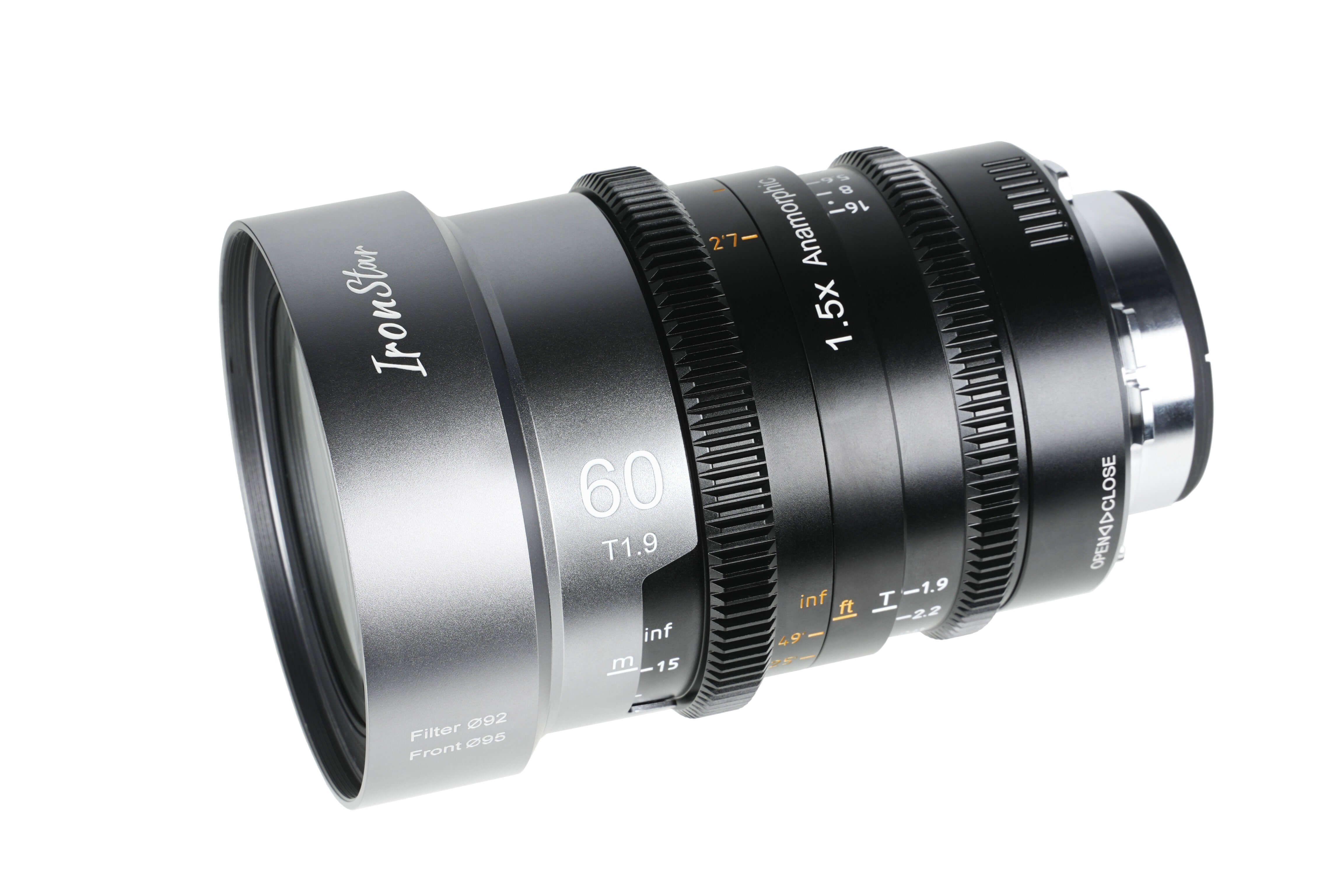 SIRUI 1.5x T1.9 IronStar Series Anamorphic Full Frame Cine Lens showcasing its design and features.