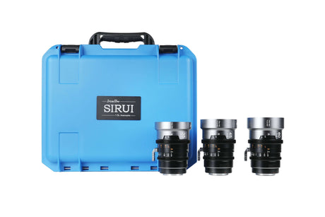 SIRUI 1.5x T1.9 IronStar Series Anamorphic Full Frame Cine Lens set with blue carrying case.